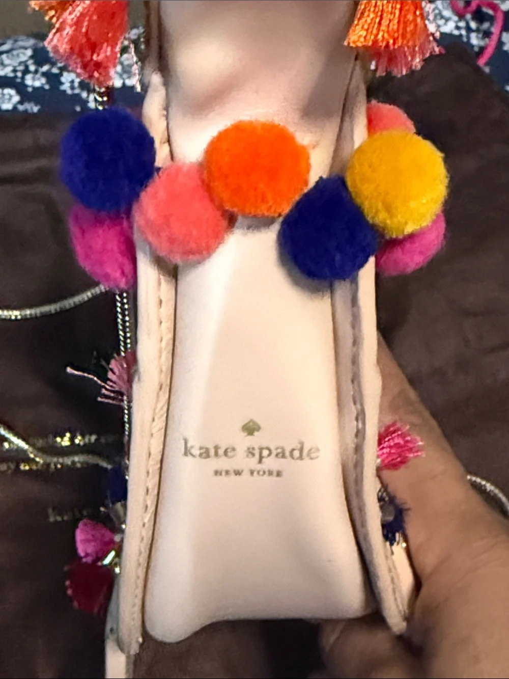 kate spade Beige Camel Crossbody with Multicolor Stripe and Pom-Poms